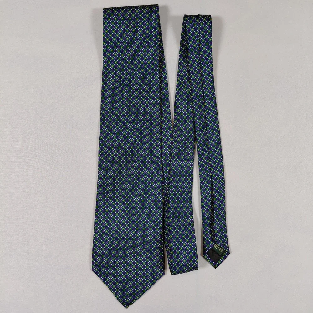 Lauren Ralph Lauren Mens Silk Tie Blue Green Geometric Pattern‎ Hand Finished